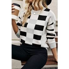 Black Checkered Ribbed Edge O Neck Drop Shoulder Sweater