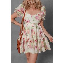 White Vibrant Floral Bubble Sleeve Sweetheart Neck Ruffle Mini Dress