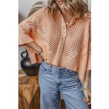 Apricot Pink Hollowed Knit 3/4 Dolman Sleeve Buttoned Collared Sweater