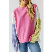 Sachet Pink Exposed Seam Striped Color Block Patchwork Long Sleeve Top