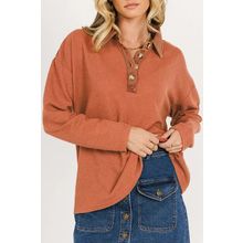 Gold Flame Solid Color Long Sleeve Thermal Knit Polo Collar Patchwork Top