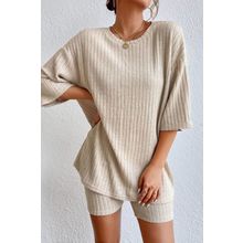 Apricot Plain Ribbed Loose Fit Two Piece Lounge Set