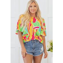Multicolour Abstract Print Keyhole Back Pleated Half Sleeve Blouse