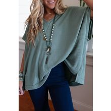 Moonlight Jade Oversized Ribbed Knit V Neck Dolman Short Sleeve Top