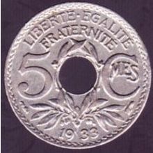 1933 France 5 Centimes Coin