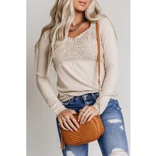 Beige Lace Crochet V Neck Long Sleeve Top