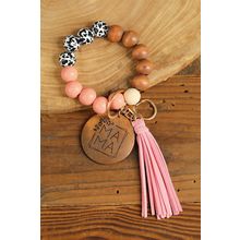 Pink MAMA Wood Pendant Leopard Fringe Keychain