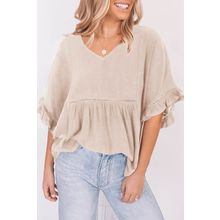 Apricot Ruffled Lace Detail Loose V Neck Top