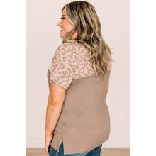Khaki Leopard Yoke Color Block Plus Size Top