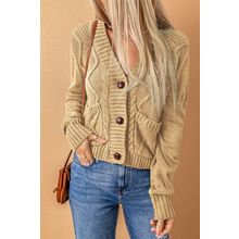 Beige Front Pockets Buttons Textured Cardigan