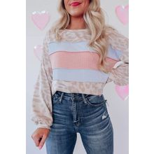Leopard Animal Print Contrast Stripes Patchwork Puff Sleeve Knit Top