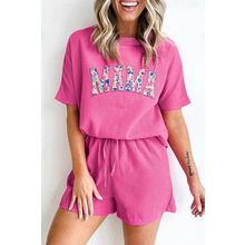 Rose Red MAMA Embroidered Leopard Letters Waffle Short Set