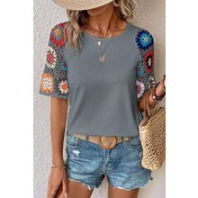 Medium Grey Floral Crochet Short Sleeve Top