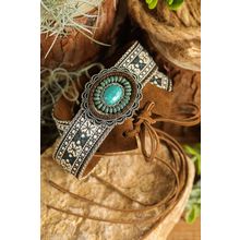 Light Blue Western Pattern Turquoise Decor Lace-up PU Leather Hat Band