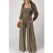 Brown Floral Print Western Smocked Bodice Square Neck Wide Leg Jumpsuit