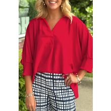 Fiery Red V Neck Collared Shirred 3/4 Sleeve Oversized Tunic Top