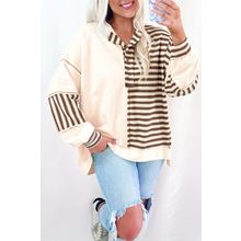 Khaki Stripe Stitched Detail Color Block Patchwork Oversized Pullover Top