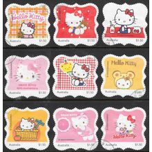 2024, 50th ANNIVERSARY of 'HELLO KITTY', SET OF 9 USED SELF-ADHESIVE MY STAMPS.