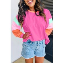 Rose Red Colorblock Patchwork Long Sleeve Loose Top