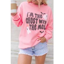 Pink Halloween Slogan Ghost Bat Graphic Drop Shoulder Sweatshirt