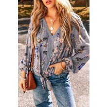 Sky Blue Floral Print Lace Patchwork Knot Front V Neck Blouse