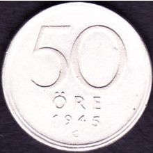 1945 Sweden 50 Ore Silver Coin