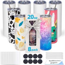 8 Pack 20 OZ Sublimation Tumbler Blanks Skinny Straight in Bulk, Stainless Steel