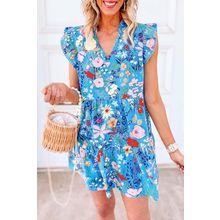 Sky Blue Floral Flutter Sleeve V Neck Ruffled Dress