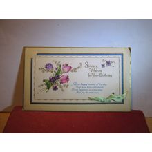 TULIPS, BIRTHDAY GREETINGS CARD vintage card on card , ribbon =