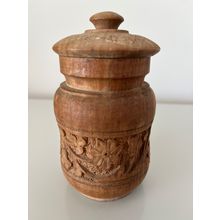 VINTAGE WOODEN POT WITH FLOWER CARVINGS