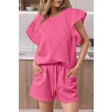 Bonbon Textured Ruffled Sleeve Tee and Drawstring Shorts Set