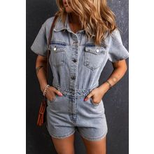 Light Blue Vintage Washed Buttons Pocketed Denim Romper