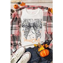 White SPOOKY WITCH Leopard Bowknot Bat Graphic Halloween T Shirt