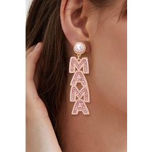 Apricot Pink MAMA Rhinestone Pearl Dangle Stud Earrings