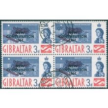 Gibraltar 1964 3d. deep blue & red-orange New Constitution SG178 used block x4