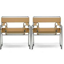 2x Chromed Steel Tube Frame Chairs with Light Brown Tan Camel Leather Straps