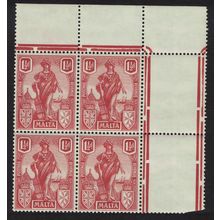 Malta Allegory 1½d. - red Corner Block of 4 1922 MNH SG#127