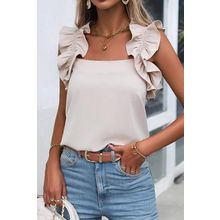Oatmeal Solid Ruffle Trim Sleeveless Top