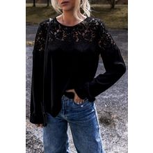 Black Lace Crochet Patchwork O Neck Long Sleeve Top