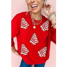 Red Playful Christmas Tree Patched Dropped Shoulder Sweatshirt