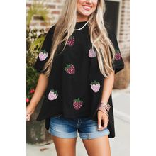 Black Sequin Strawberry Graphic High Low Relaxed Fit Tee