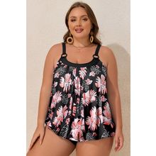 Black 2pcs Plus Size Wide Strap Floral Top Tankini Set