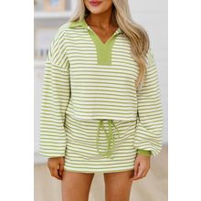 Green Stripe Collared V Neck Drop Shoulder Pullover and Skort 2pcs Outfit