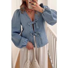 Dusk Blue Tied Front Long Puff Sleeve Denim Top