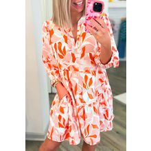 Orange Abstract Print Split Neck Long Sleeve Dress