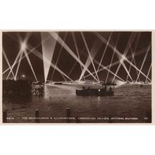 Spithead Southsea Coronation Review Ship Searchlights Hampshire RPC Postcard
