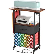 Rolling Craft Cart with Charging Station & Fabric Drawer, 24 Vinyl Roll Holders,