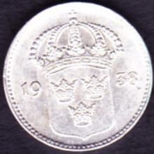 1938 Sweden 10 Ore Silver Coin