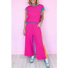 Strawberry Pink Color Block Detail Casual Two-piece Set