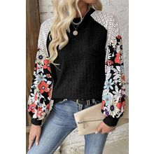 Black Floral Patchwork Long Sleeve Ribbed Blouse
